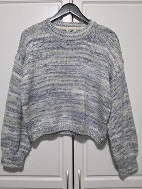 Cocovive Womens Blue White Gray Marled Space Dye Knit Pullover Cropped Sweater L